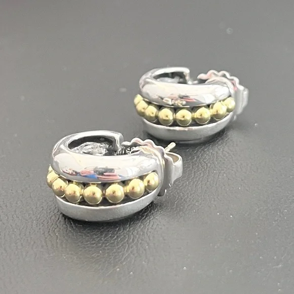 Lagos 925 Sterling Silver and 18kt Yellow Gold ‘Caviar’ Layered Hoop Earrings - Picture 4 of 10